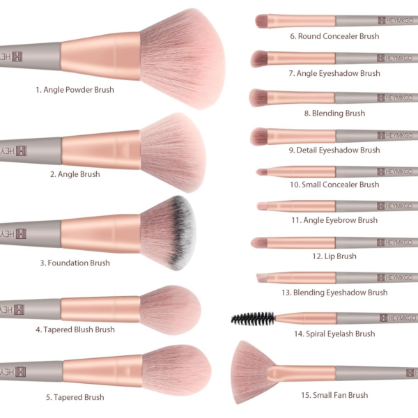 HEYMKGO Make-Up-Pinsel, 15 Stück, Make-Up-Pinsel Mit Grünem Konischem Griff, Aus Hochwertigem Synthetikmaterial, Professionelle Make-Up-Pinsel Mit Kordelzug, Tasche Aus Flanell (Rosa) - Image 2