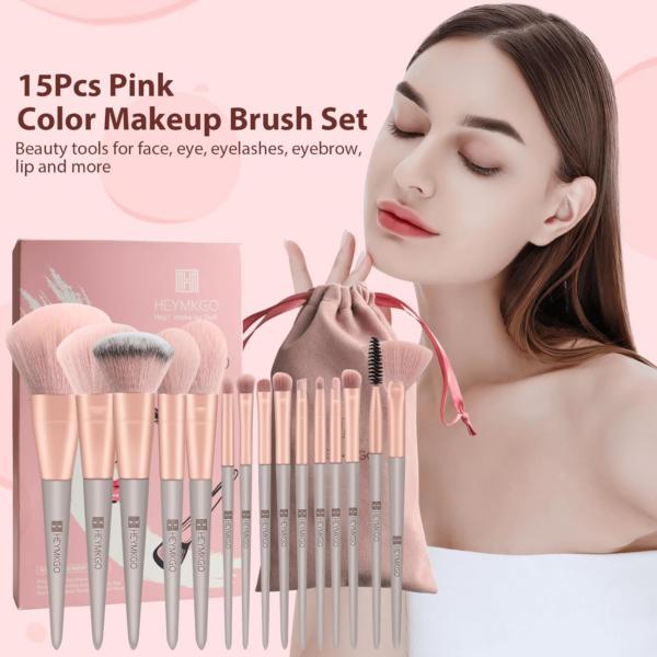 HEYMKGO Make-Up-Pinsel, 15 Stück, Make-Up-Pinsel Mit Grünem Konischem Griff, Aus Hochwertigem Synthetikmaterial, Professionelle Make-Up-Pinsel Mit Kordelzug, Tasche Aus Flanell (Rosa) - Image 3